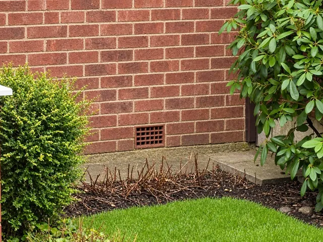 An air brick set into the bottom courses of a red-brick wall, just above a paved path.