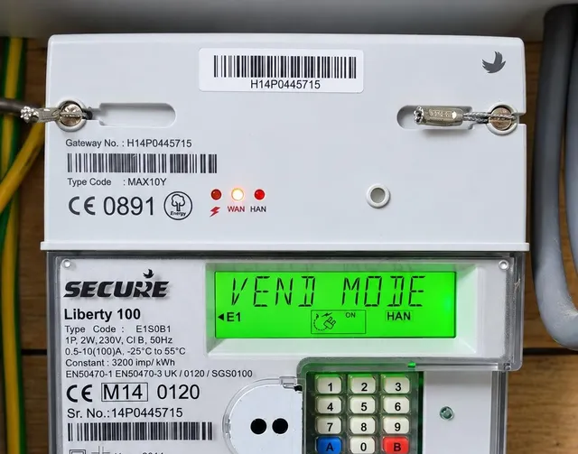 An electricity meter with a communications hub above it, mounted on a plywood board.