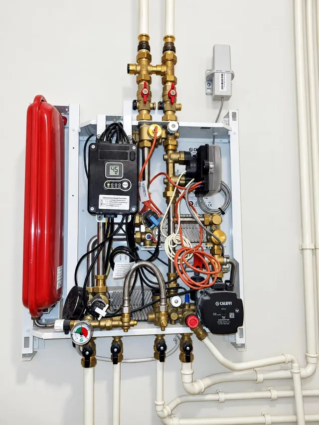 A wall-mounted heating unit with its cover removed, showing a circulating pump, plate heat exchanger, expansion vessel and control box.
