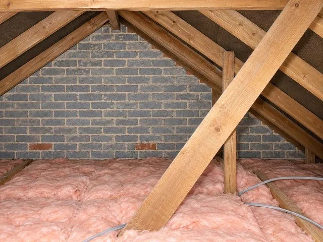 A loft with mineral wool insulation laid between and over the ceiling joists, under a timber trussed roof.